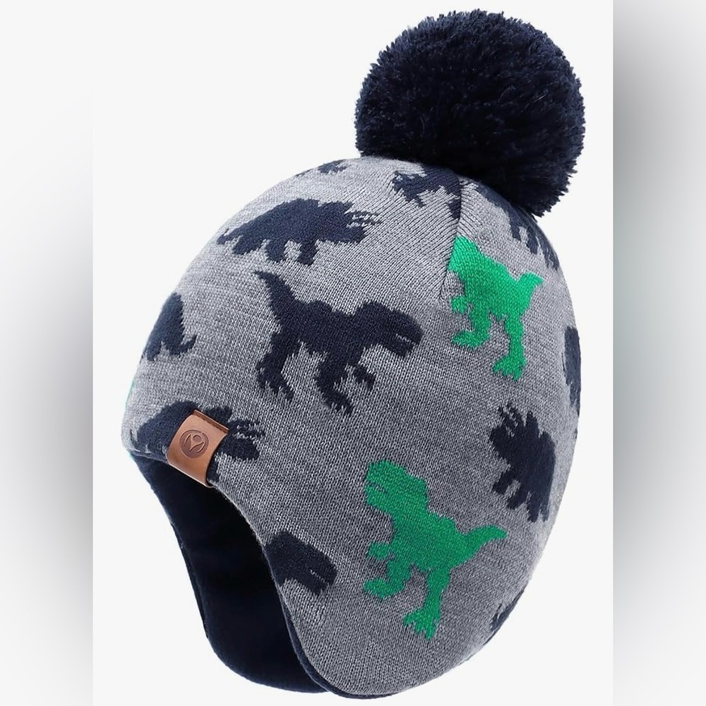 Kids Dinosaur Pom-Pom Beanie - Gray and Green